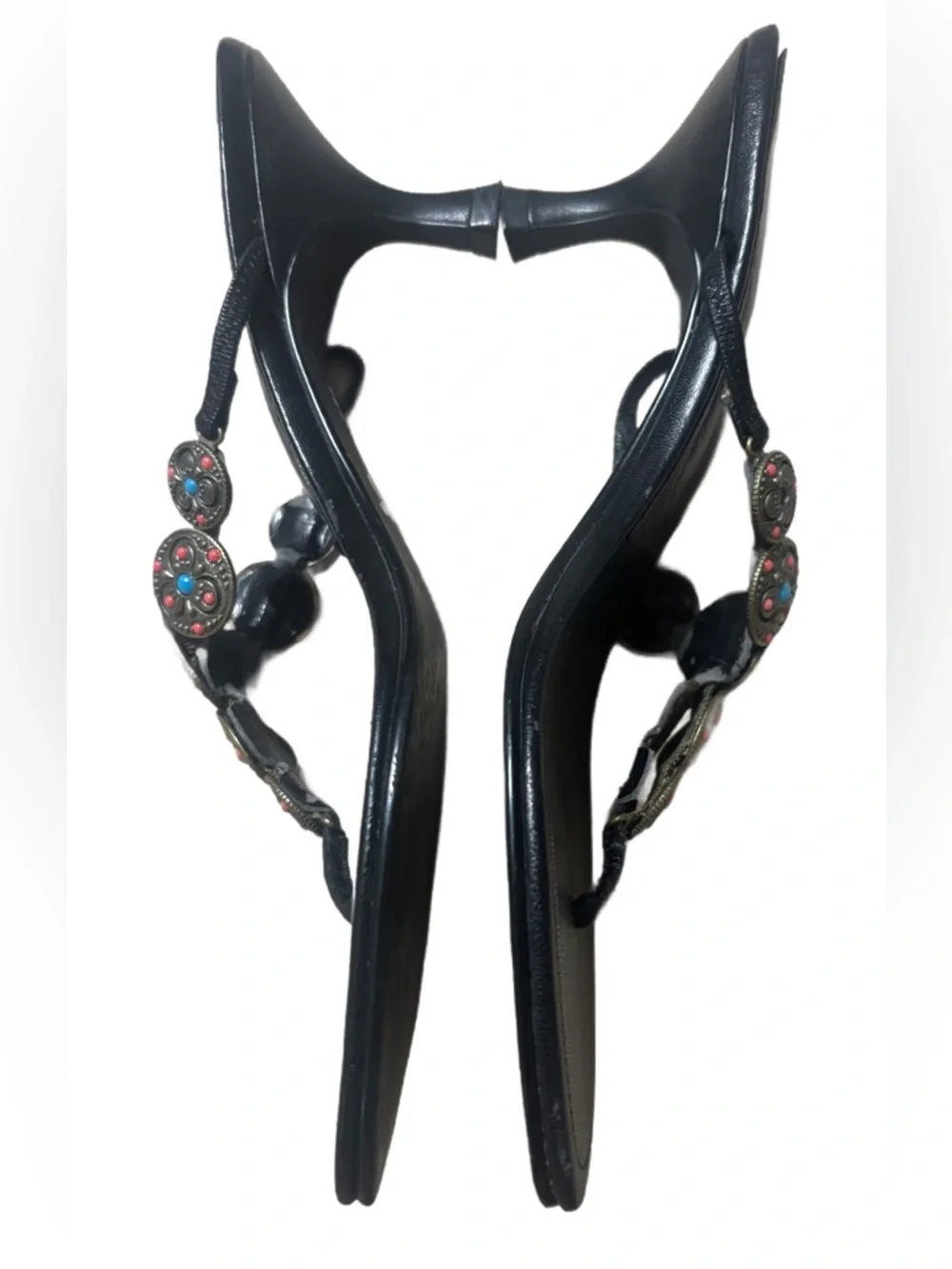 Franco Sarto Black Leather Kitten Heel Sandals Boho Beaded Thong 7.5